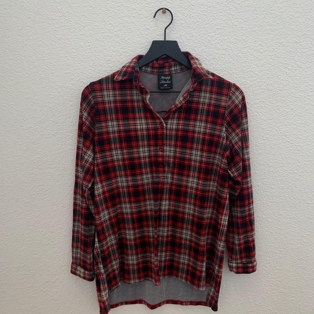 Red and Cream Plaid 3/4 Button-Up Shirt